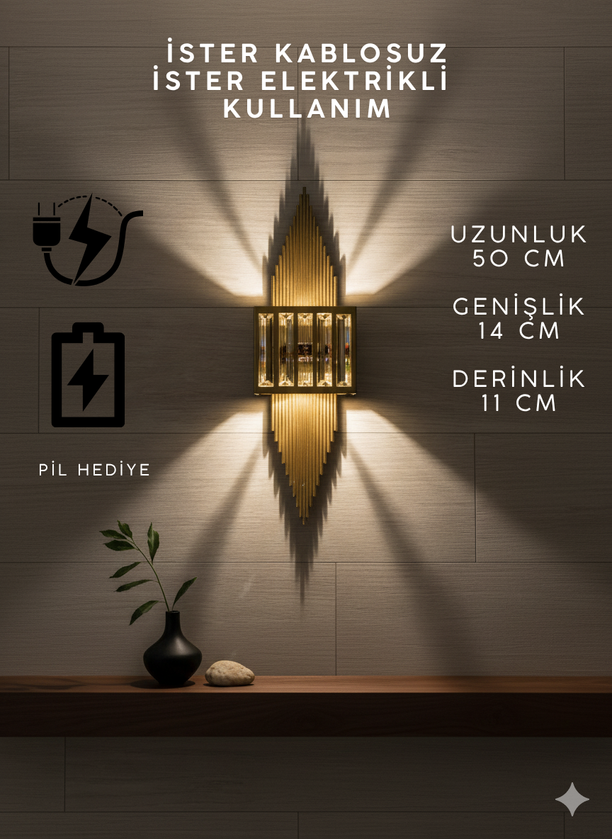 Eskitme Gold Pilli ve Elektrikli Modern Aplik Piramit