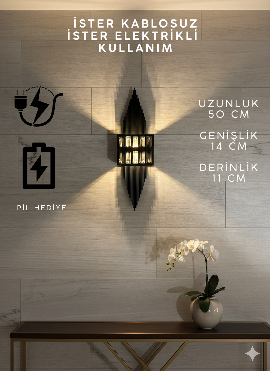 Siyah Pilli ve Elektrikli Modern Piramit Aplik